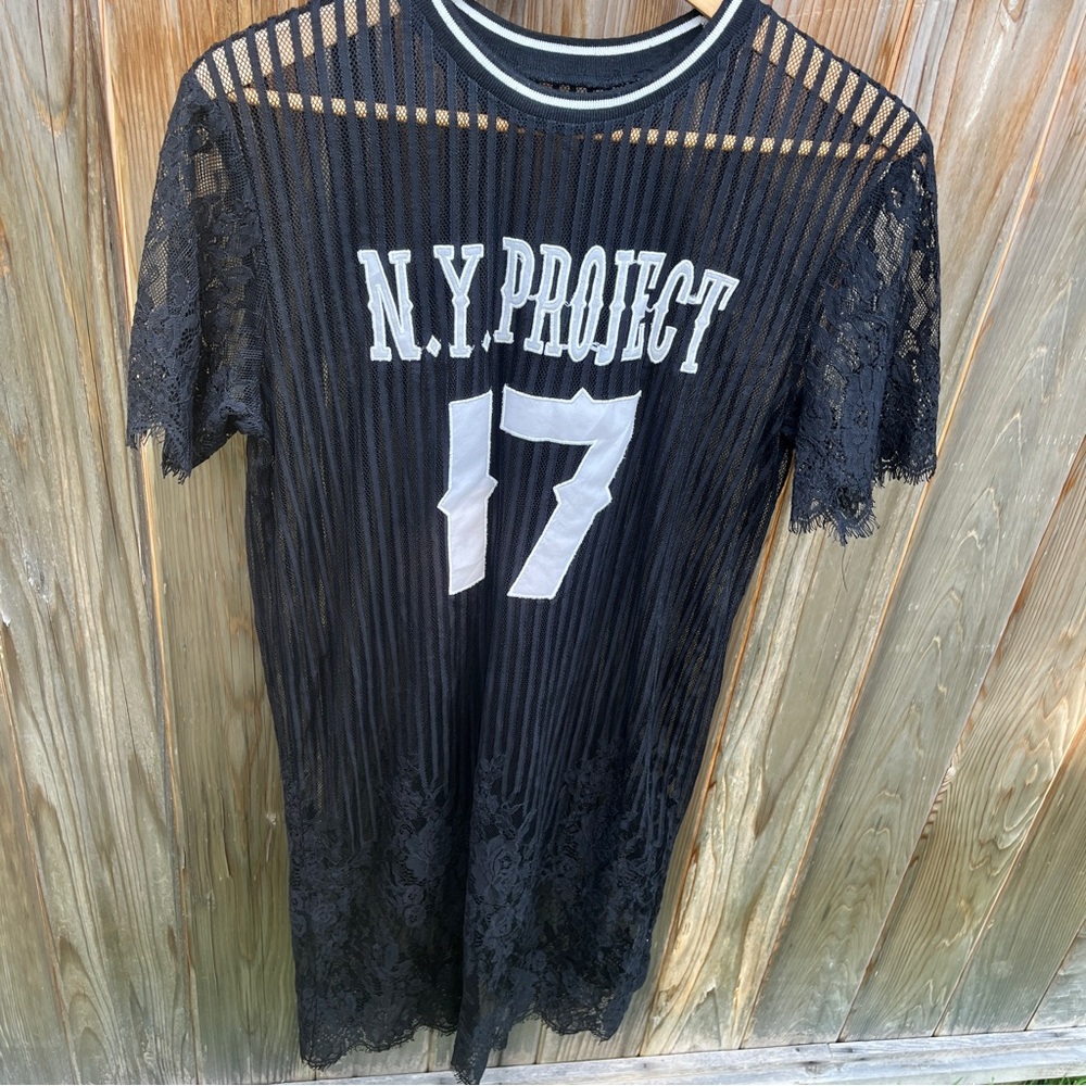 NY Project 17 Sheer Black Lace Midi Dress Scalloped Hem and Sleeves